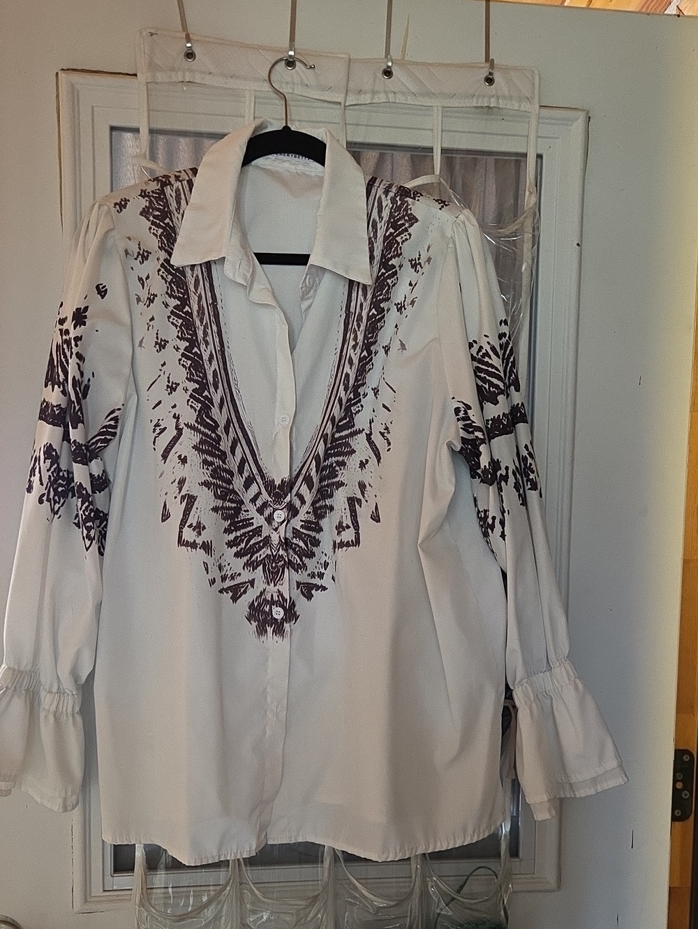 Women's White Button-Down Blouse with Brown Tribal Print